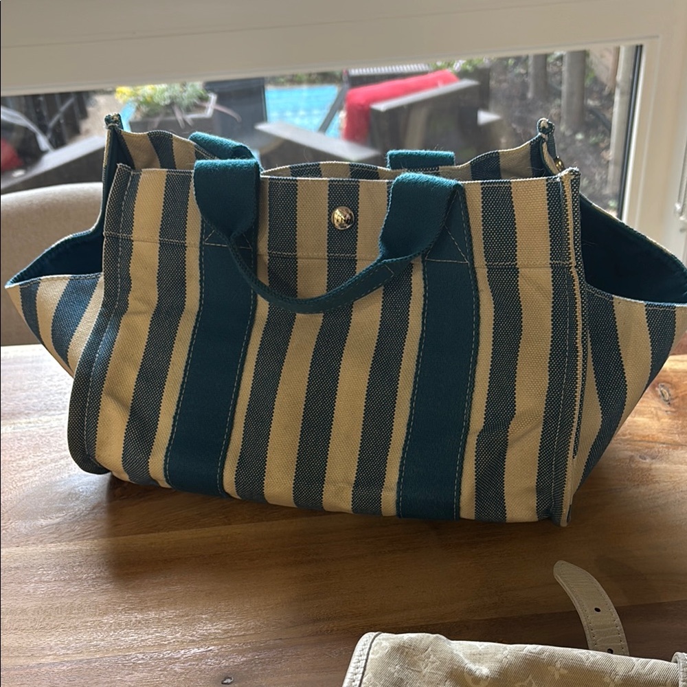 Hermes Striped Denim Cannes Tote Bag - Blue and Cream